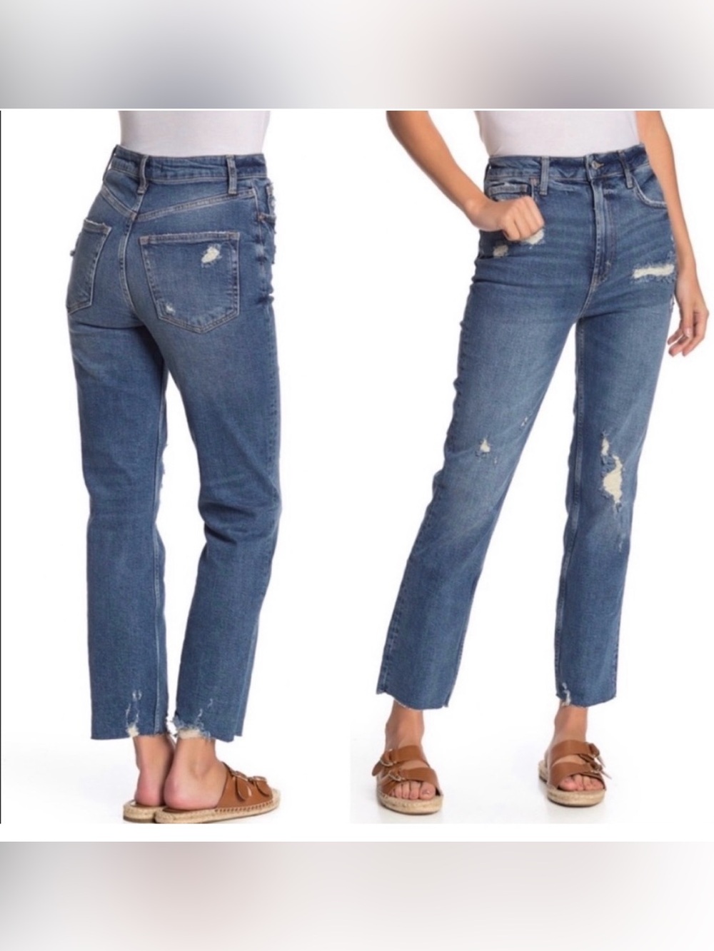 FREE PEOPLE High-Rise Straight Leg Jeans Raw Hem Distressed Size 28